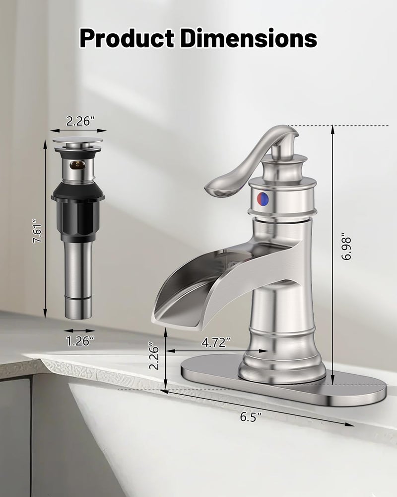 BATHLAVISH Brushed Nickel Waterfall Bathroom Sink Faucet, Single Handle 1 or 3 Hole Farmhouse Bathroom Faucets with Deck, Pop-up Drain, 2 Hoses for Lavatory Washroom Vanity RV - Image 2